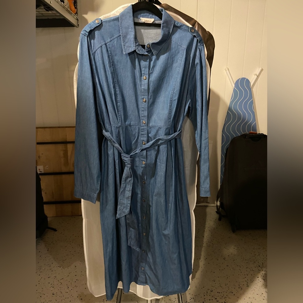 Seraphine Long Sleeve Belted Blue Denim Maternity Dress